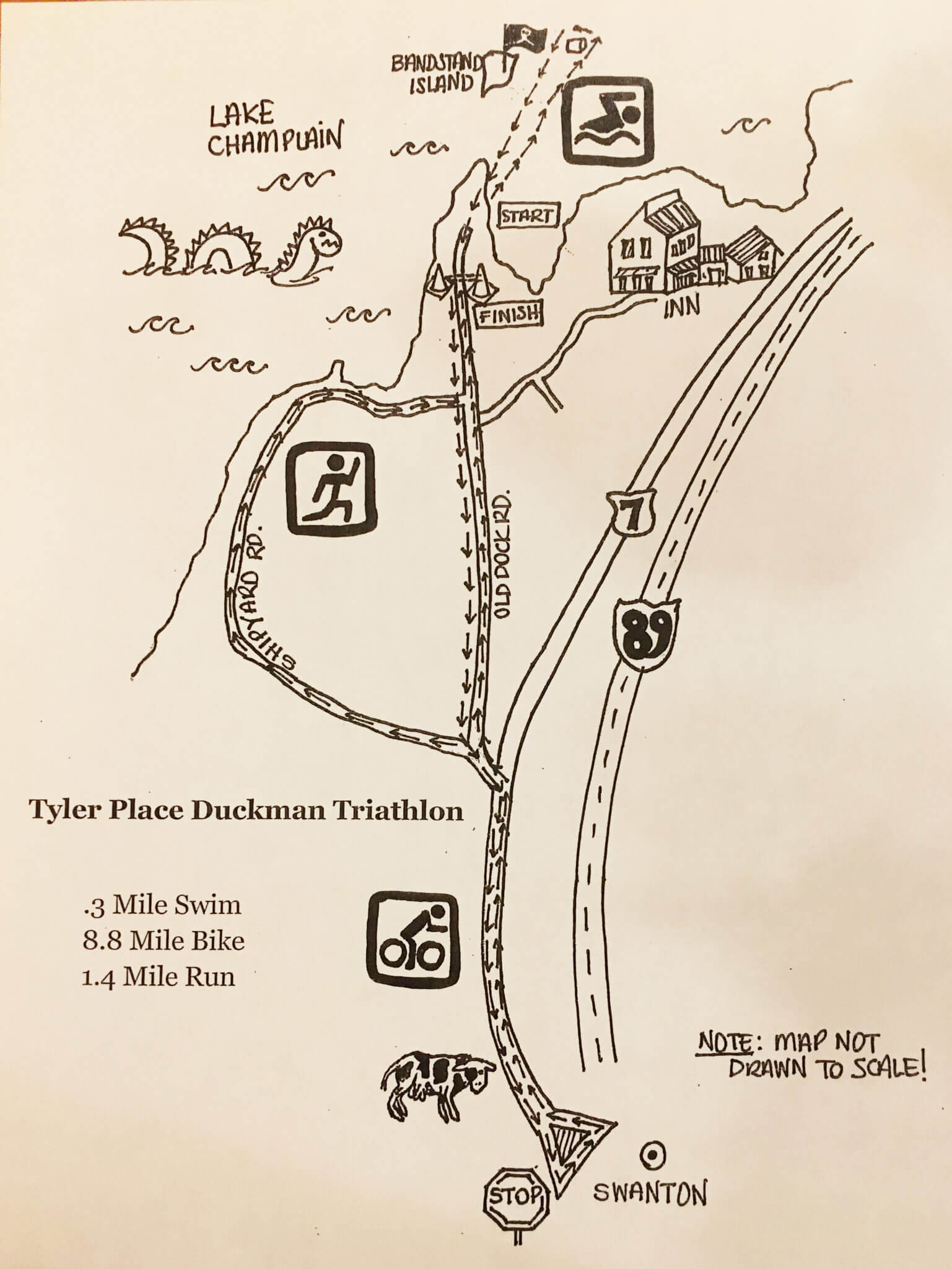 pen on paper sketch of the Duckman Triathlon route